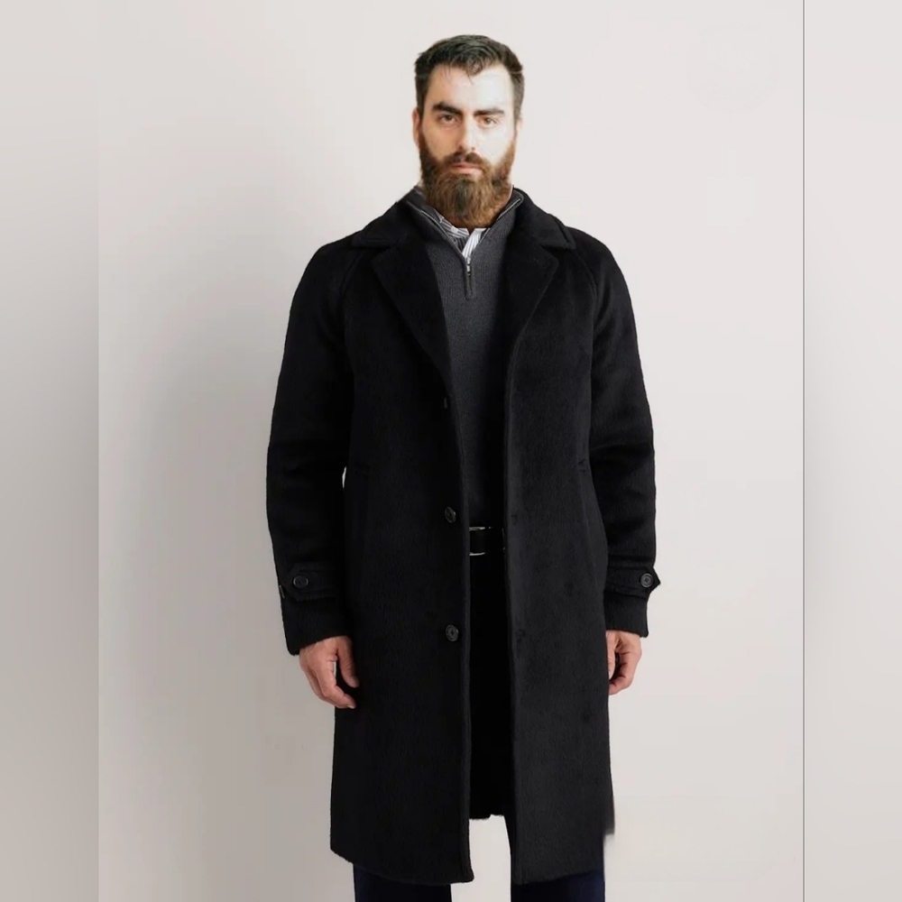 Quince Mens XL  long Nap 100% Alpaca Coat In Black Timeless Classic Design